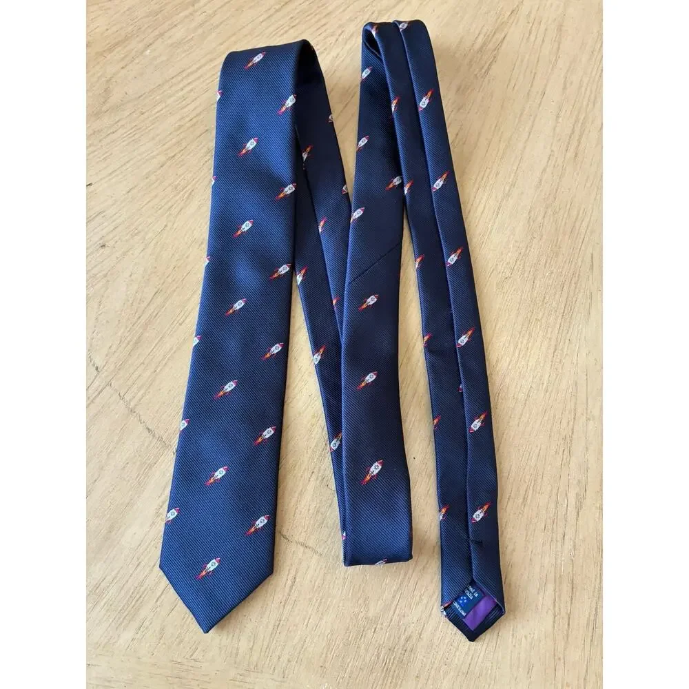 Men's Rocket Space Ship Skinny Tie Navy Blue Novelty NASA Cosmic Retro Moon